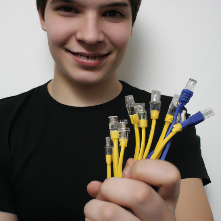 Person holding ethernet cables, smiling